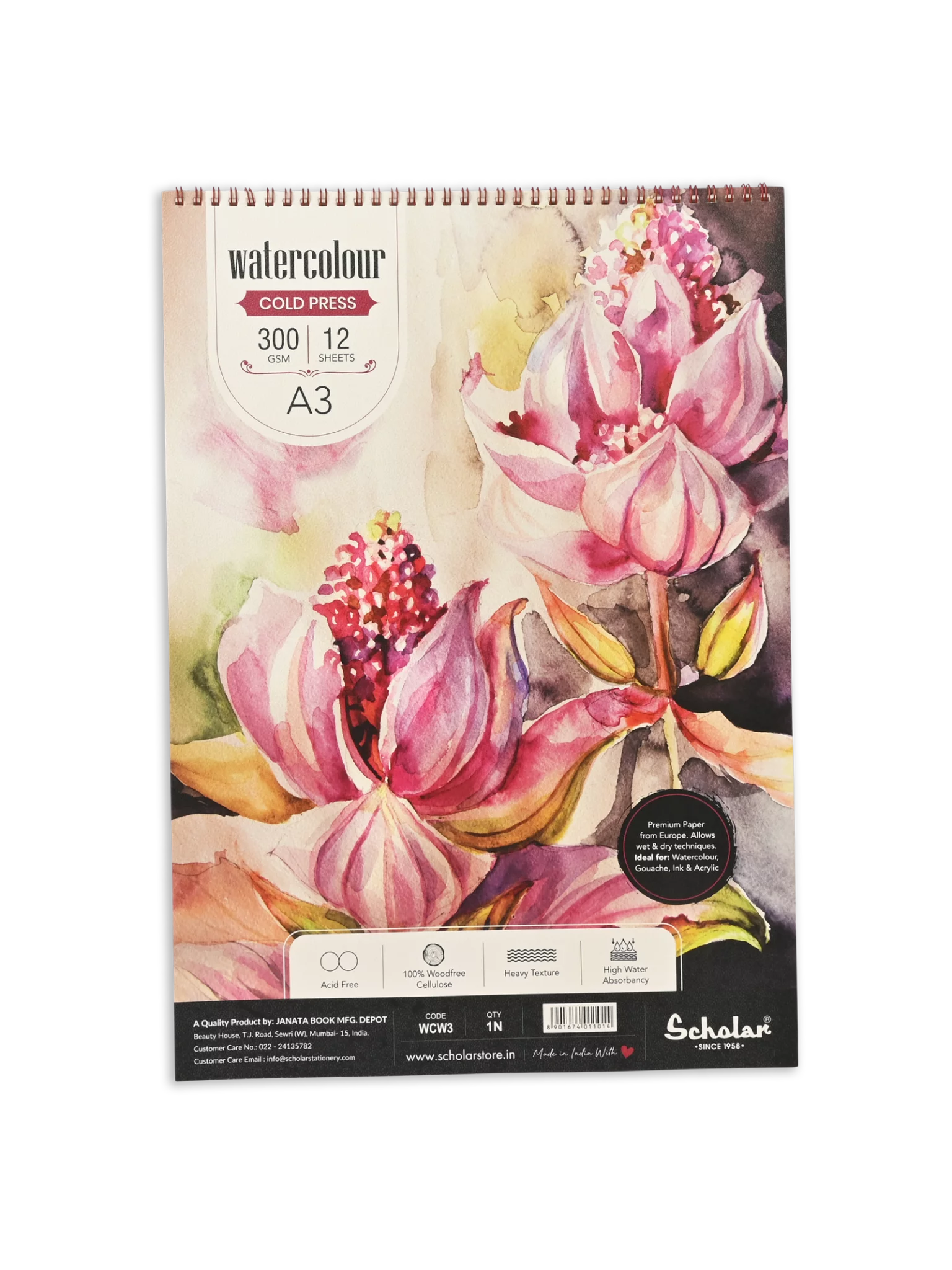 300 GSM WATERCOLOUR COLD PRESSED PAPER PADS – WIRE BOUND (HEAVY TEXTURE) (12 SHEETS) (WCW)