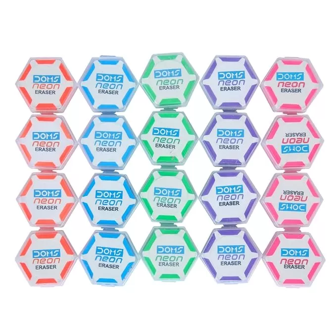 DOMS NEON ERASER HEXAGONAL EYE CATCHING DESIGN NEAT & DUST FREE ERASING PLAYFUL BODY COLORS PLASTIC CASE FOR EACH ERASER
