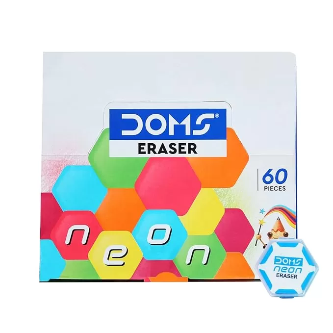 DOMS NEON ERASER HEXAGONAL EYE CATCHING DESIGN NEAT & DUST FREE ERASING PLAYFUL BODY COLORS PLASTIC CASE FOR EACH ERASER