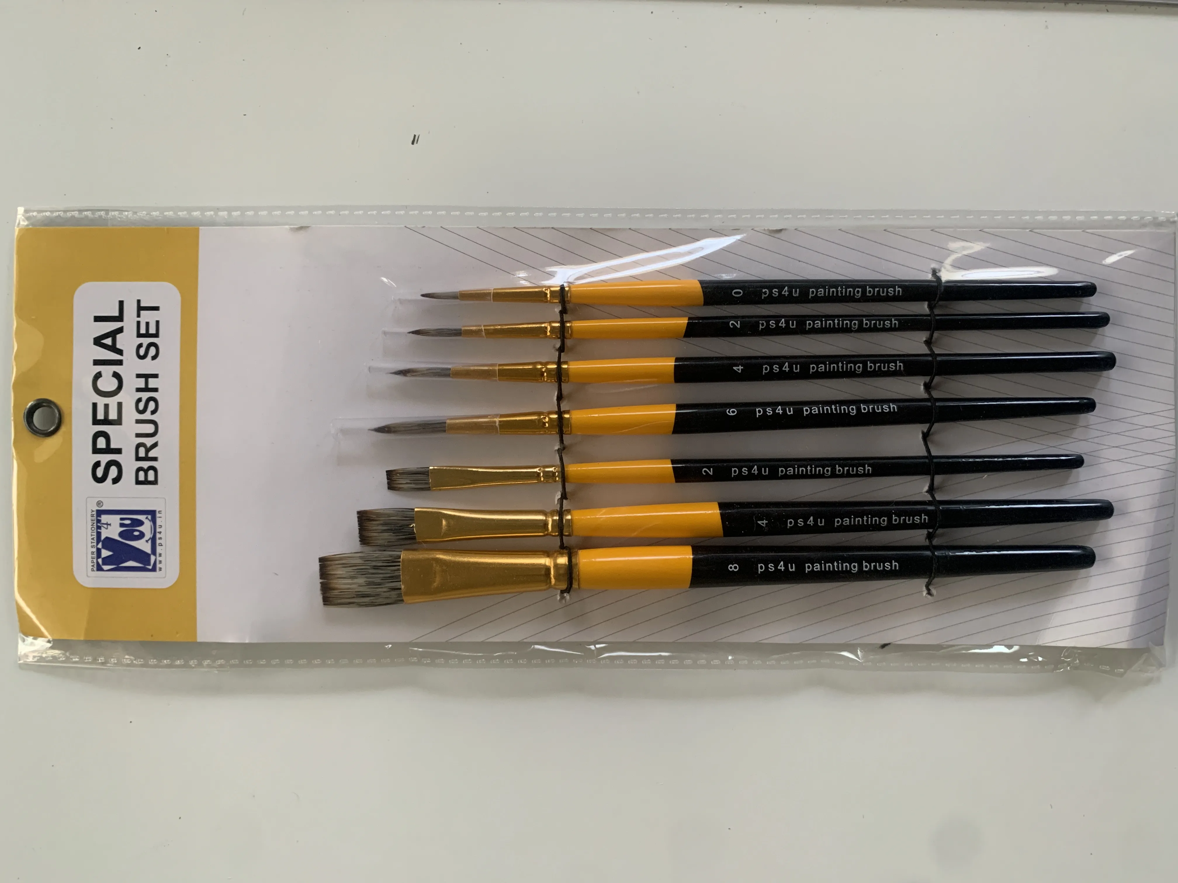 PS4U BRUSH MIX SET OF 7 WITH SYNTHETIC HAIR FOR WATER COLOUR , ACRYLIC , FLAT - 2,4,8 ROUND - 0,2,4,6,