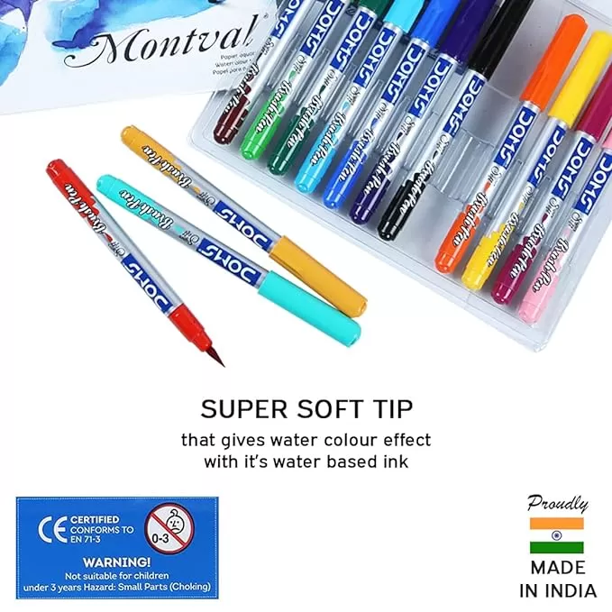 DOMS 14 SHADES BRUSH PEN BOX PACK SUPER SOFT TIP WITH BRILLIANT COLORS WATER BASED INK WHICH GIVES WATER COLOR EFFECT PACK OF 1, MULTICOLOR