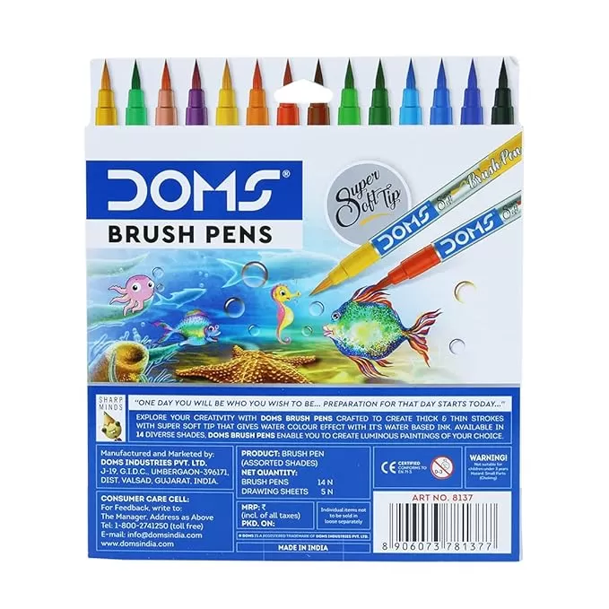 DOMS 14 SHADES BRUSH PEN BOX PACK SUPER SOFT TIP WITH BRILLIANT COLORS WATER BASED INK WHICH GIVES WATER COLOR EFFECT PACK OF 1, MULTICOLOR
