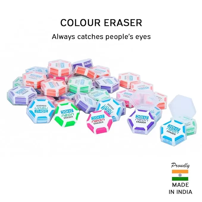 DOMS NEON ERASER HEXAGONAL EYE CATCHING DESIGN NEAT & DUST FREE ERASING PLAYFUL BODY COLORS PLASTIC CASE FOR EACH ERASER